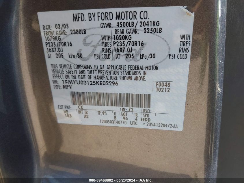 2005 Ford Escape Xlt VIN: 1FMYU03125KE02296 Lot: 39468802