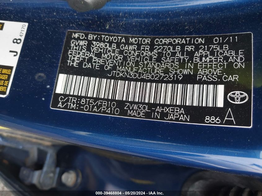 JTDKN3DU4B0272319 | 2011 TOYOTA PRIUS