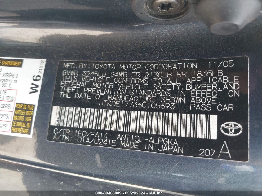 2006 Scion Tc VIN: JTKDE177360105693 Lot: 39468809