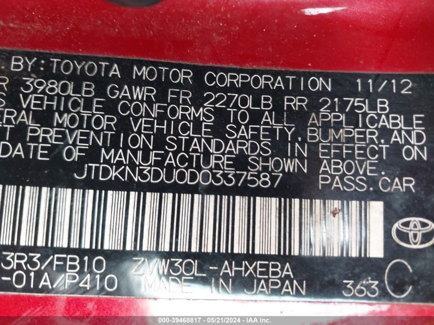 2013 Toyota Prius Two VIN: JTDKN3DU0D0337587 Lot: 39468817