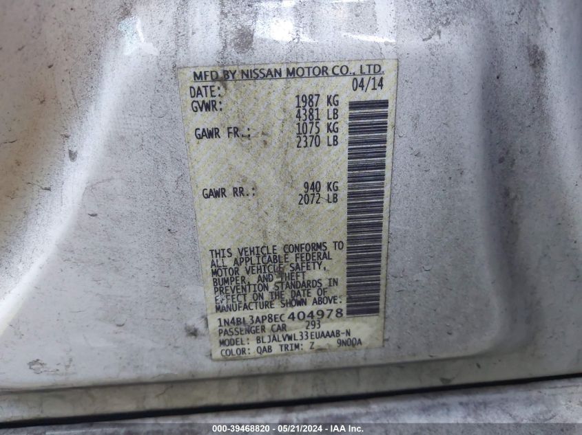 2014 Nissan Altima 3.5 Sl VIN: 1N4BL3AP8EC404978 Lot: 39468820