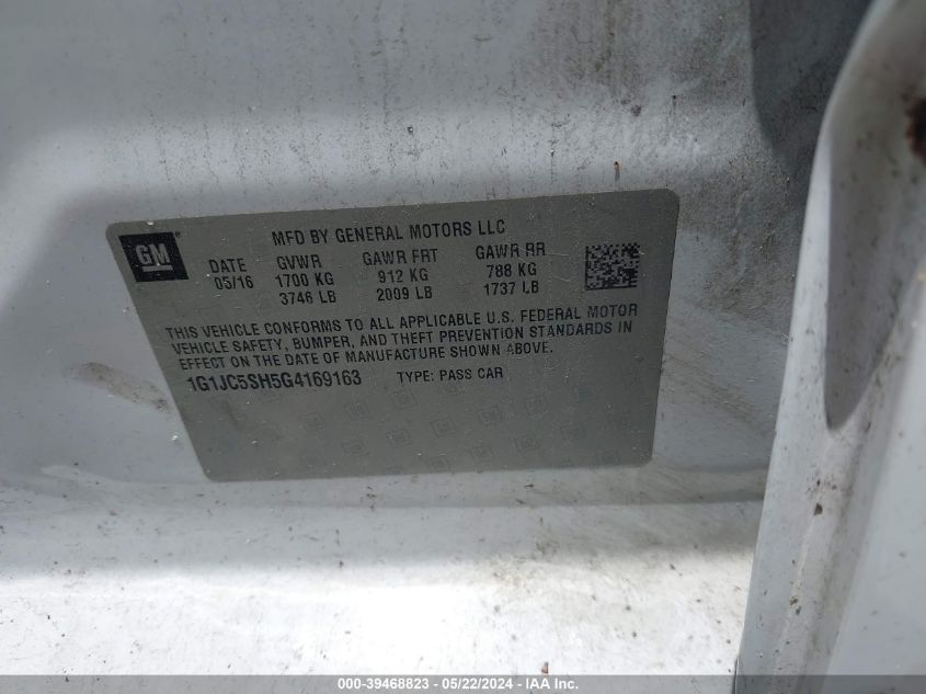 2016 Chevrolet Sonic Lt Auto VIN: 1G1JC5SH5G4169163 Lot: 39468823