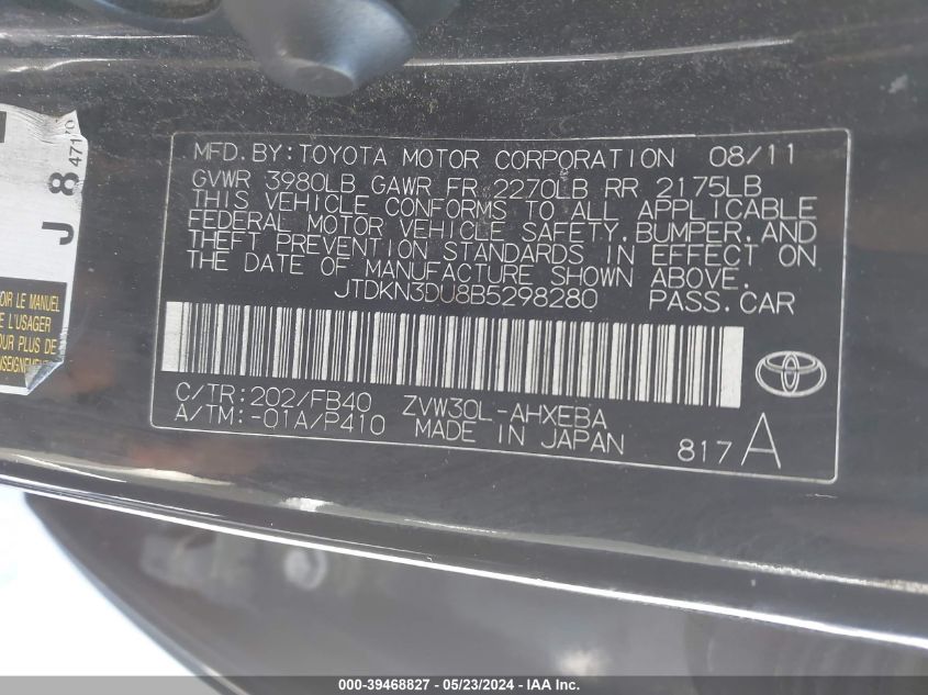 2011 Toyota Prius Three VIN: JTDKN3DU8B5298280 Lot: 39468827