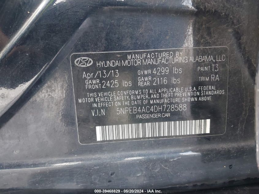 5NPEB4AC4DH728588 | 2013 HYUNDAI SONATA