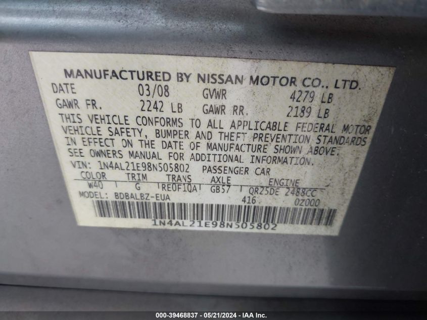 2008 Nissan Altima 2.5 S VIN: 1N4AL21E98N505802 Lot: 39468837