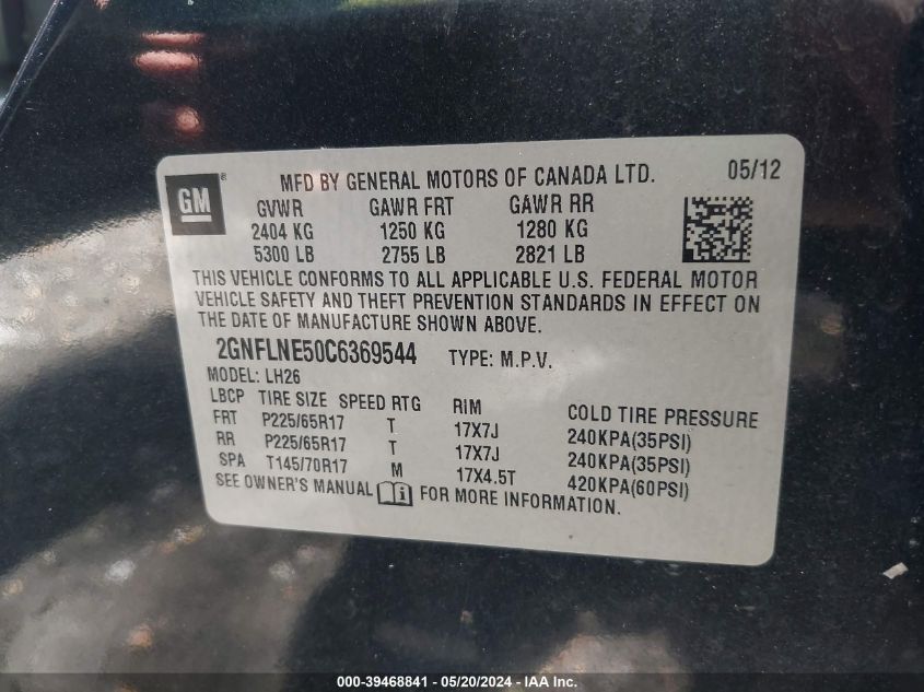 2012 Chevrolet Equinox 2Lt VIN: 2GNFLNE50C6369544 Lot: 39468841