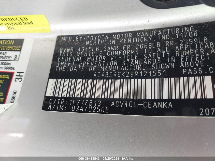 2009 Toyota Camry Le VIN: 4T4BE46K29R121551 Lot: 39468843