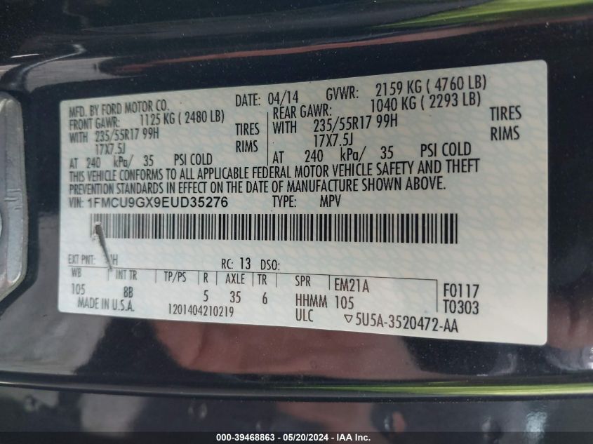 2014 Ford Escape Se VIN: 1FMCU9GX9EUD35276 Lot: 39468863