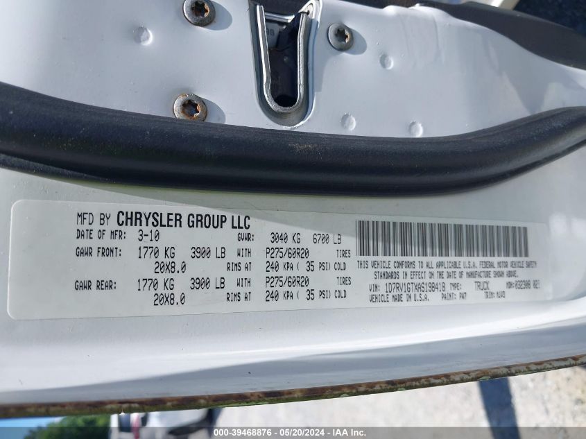 2010 Dodge Ram 1500 Slt/Sport/Trx VIN: 1D7RV1GTXAS198418 Lot: 39468876