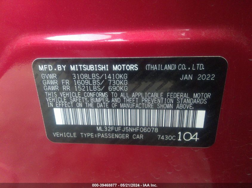 2022 Mitsubishi Mirage G4 Es VIN: ML32FUFJ5NHF06078 Lot: 39468877