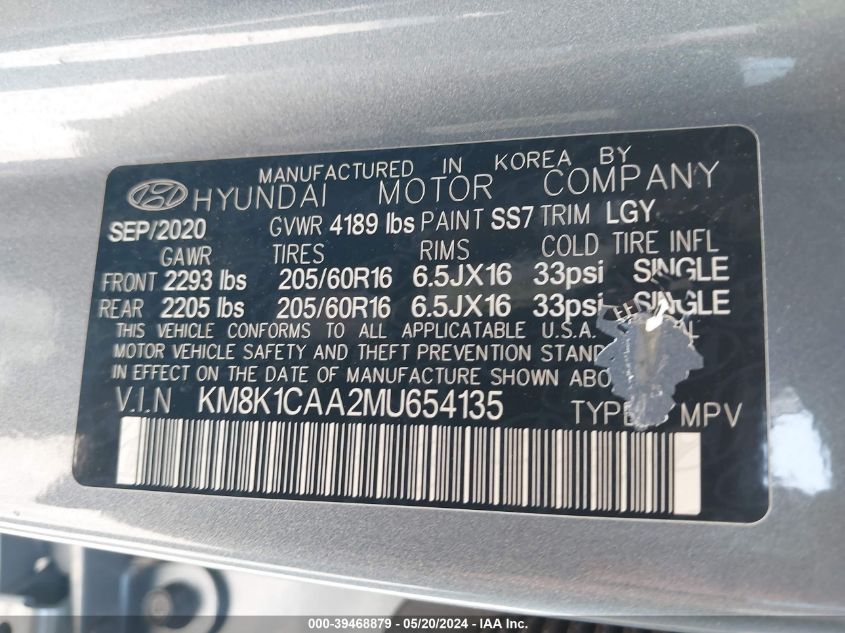 2021 Hyundai Kona Se VIN: KM8K1CAA2MU654135 Lot: 39468879