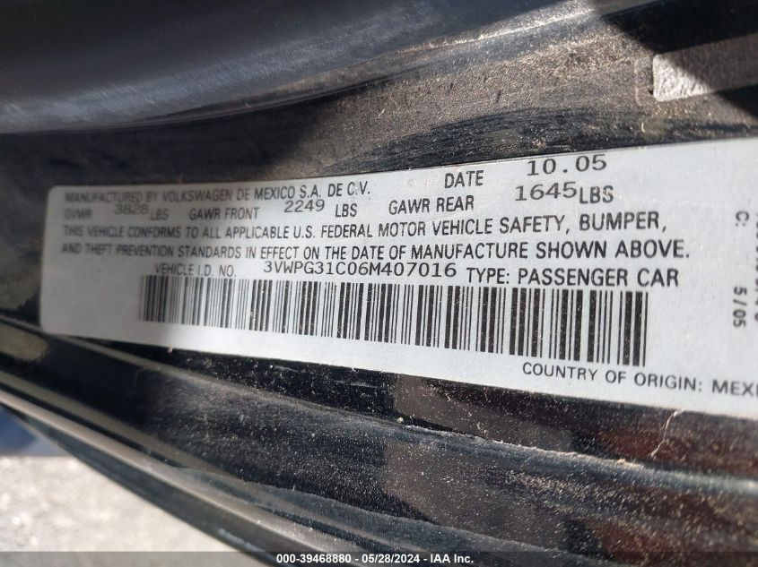 2006 Volkswagen New Beetle 2.5 VIN: 3VWPG31C06M407016 Lot: 39468880