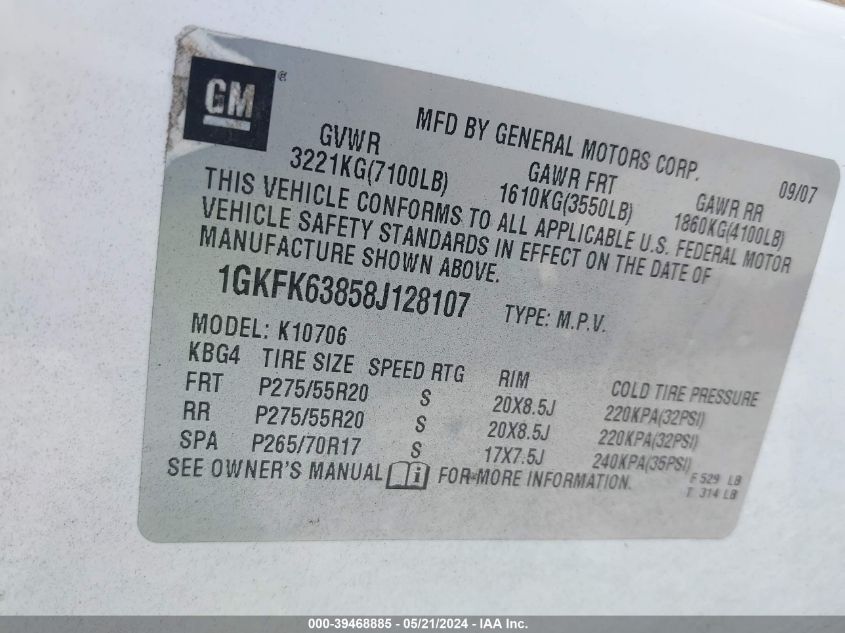 2008 GMC Yukon Denali VIN: 1GKFK63858J128107 Lot: 39468885