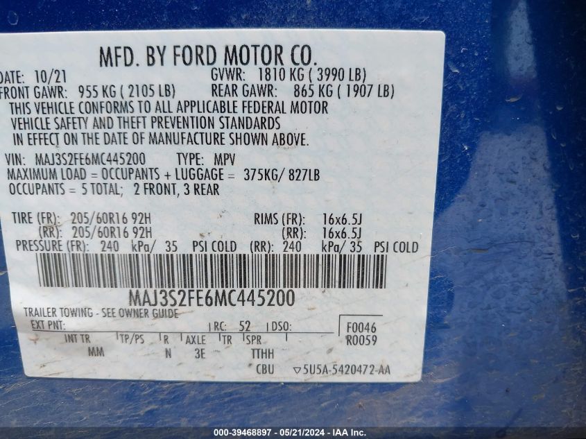 2021 Ford Ecosport S VIN: MAJ3S2FE6MC445200 Lot: 39468897