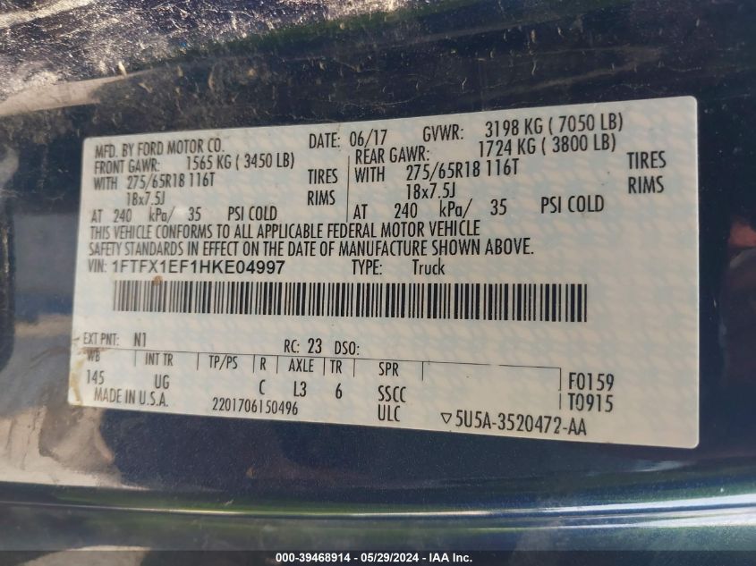 2017 Ford F-150 Xlt VIN: 1FTFX1EF1HKE04997 Lot: 39468914