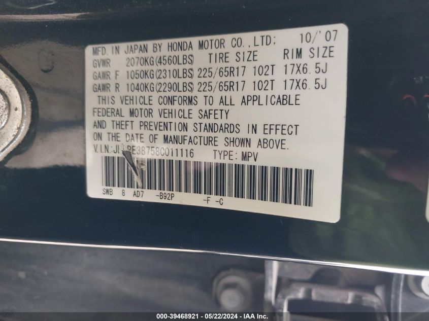 2008 Honda Cr-V Ex-L VIN: JHLRE38758C011116 Lot: 39468921