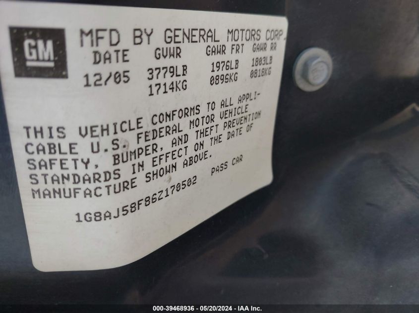 2006 Saturn Ion 2 VIN: 1G8AJ58F86Z170502 Lot: 39468936