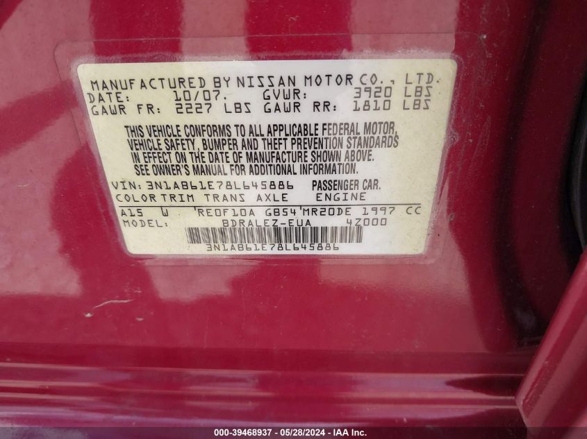 2008 Nissan Sentra 2.0S VIN: 3N1AB61E78L645886 Lot: 39468937