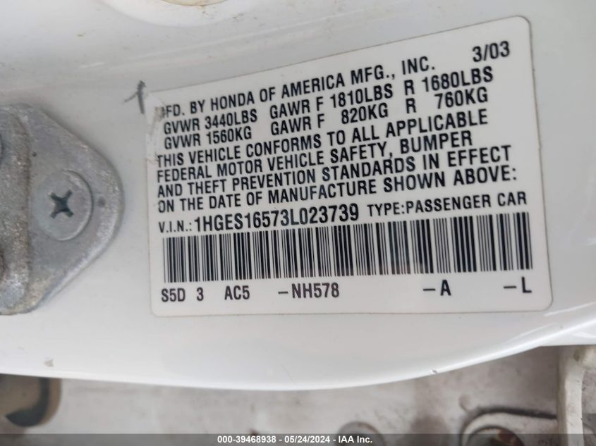 2003 Honda Civic Lx VIN: 1HGES16573L023739 Lot: 39468938