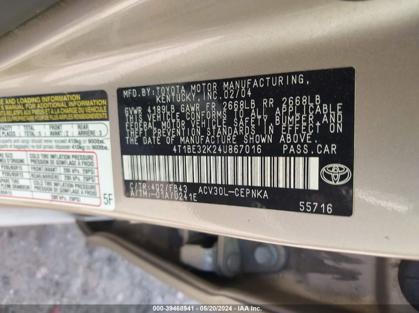 2004 Toyota Camry Le VIN: 4T1BE32K24U867016 Lot: 39468941