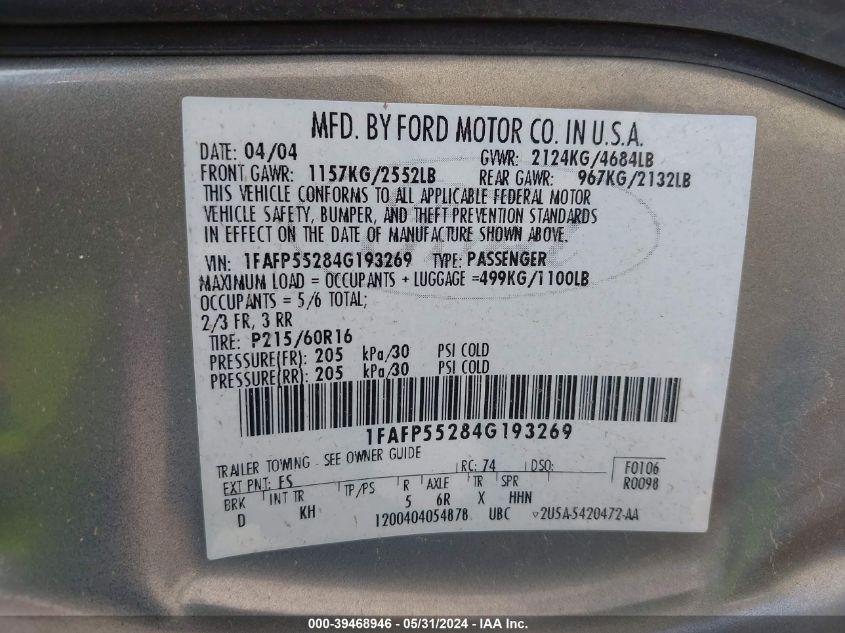 2004 Ford Taurus Ses VIN: 1FAFP55284G193269 Lot: 39468946