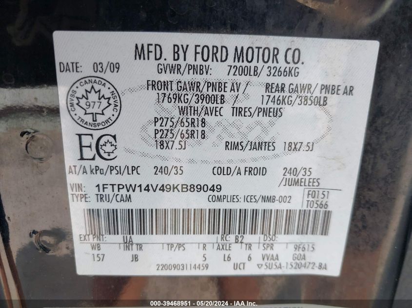 2009 Ford F-150 Fx4/King Ranch/Lariat/Platinum/Xl/Xlt VIN: 1FTPW14V49KB89049 Lot: 39468951
