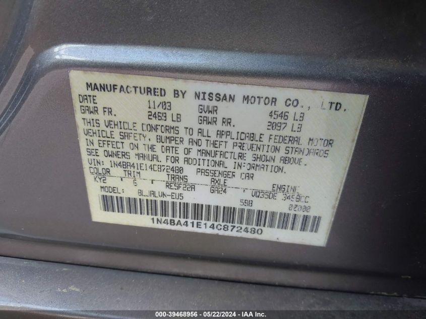 2004 Nissan Maxima 3.5 Se VIN: 1N4BA41E14C872480 Lot: 39468956