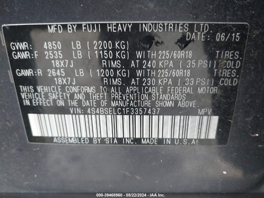2015 Subaru Outback 3.6R Limited VIN: 4S4BSELC1F3357437 Lot: 39468960