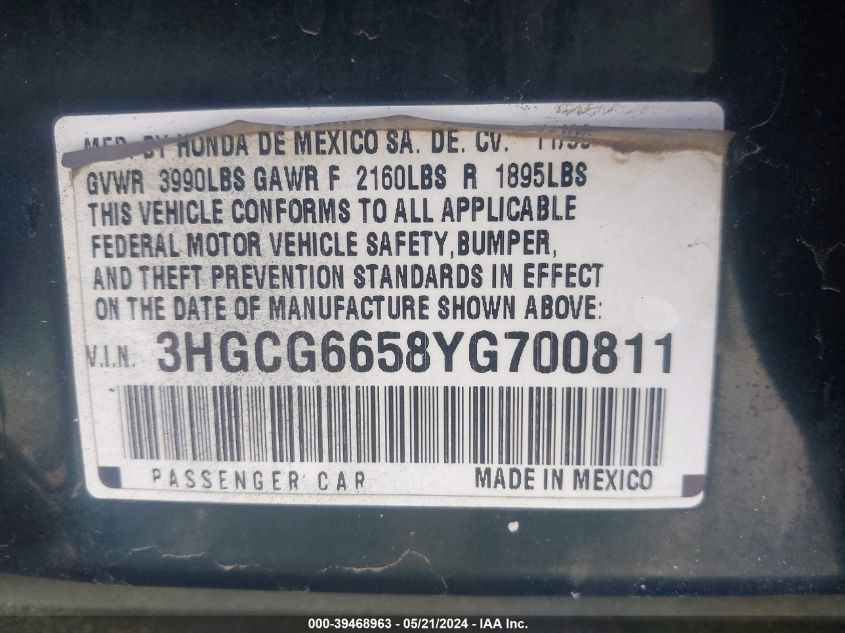 2000 Honda Accord 2.3 Lx VIN: 3HGCG6658YG700811 Lot: 39468963
