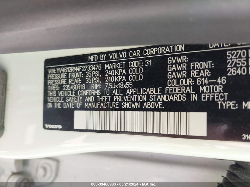 2015 Volvo Xc60 T5 Platinum VIN: YV4612RM4F2733476 Lot: 39468983