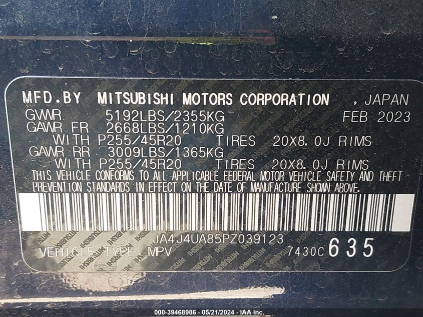 2023 Mitsubishi Outlander Se 2.5 S-Awc VIN: JA4J4UA85PZ039123 Lot: 39468986