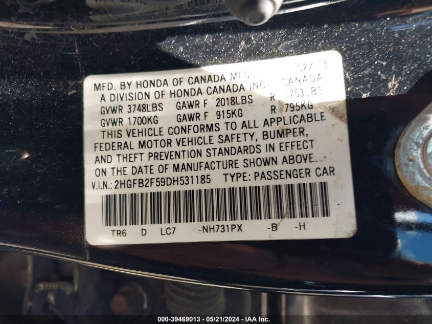 2013 Honda Civic Lx VIN: 2HGFB2F59DH531185 Lot: 39469013