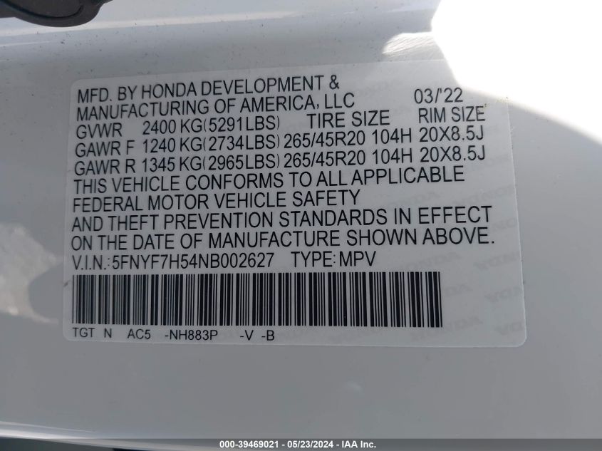 2022 Honda Passport 2Wd Ex-L VIN: 5FNYF7H54NB002627 Lot: 39469021