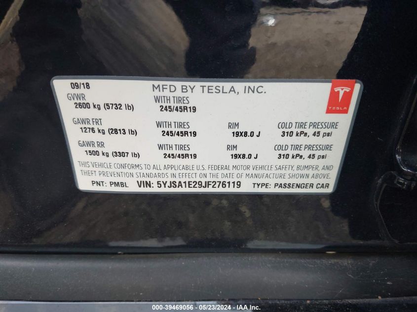 2018 Tesla Model S 100D/75D/P100D VIN: 5YJSA1E29JF276119 Lot: 39469056