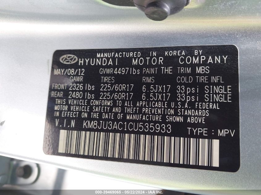 2012 Hyundai Tucson Gls VIN: KM8JU3AC1CU535933 Lot: 39469065