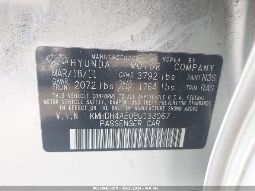 2011 Hyundai Elantra Gls (Ulsan Plant) VIN: KMHDH4AE0BU133067 Lot: 39469079