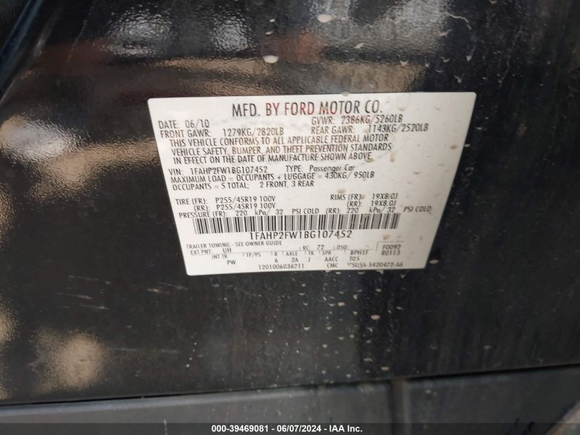 2011 Ford Taurus Limited VIN: 1FAHP2FW1BG107452 Lot: 39469081