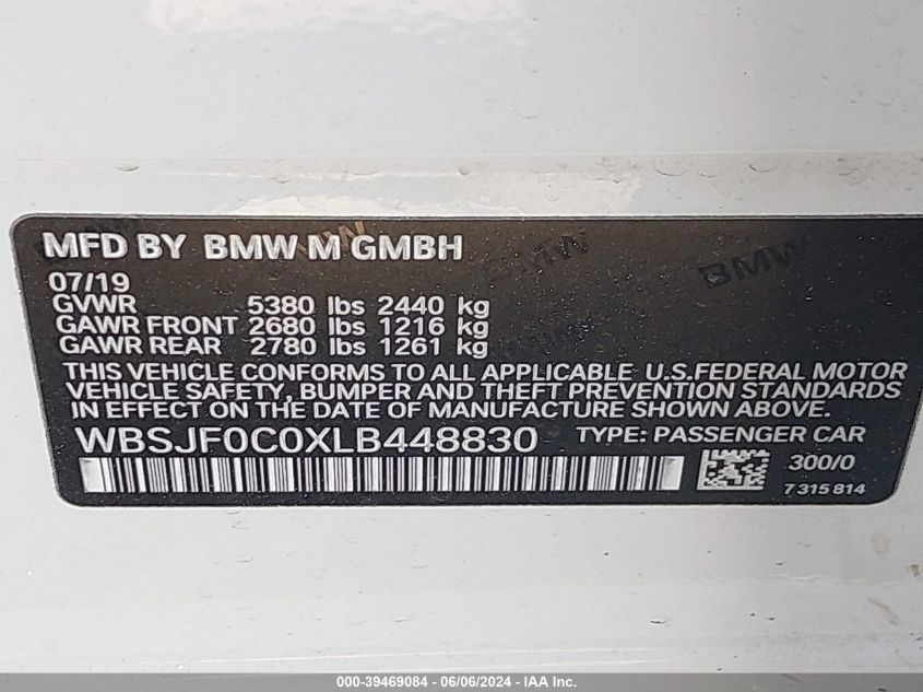 2020 BMW M5 VIN: WBSJF0C0XLB448830 Lot: 39469084