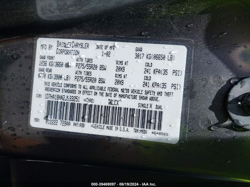 2002 Dodge Ram 1500 St VIN: 1D7HA18NX2J193251 Lot: 39469097