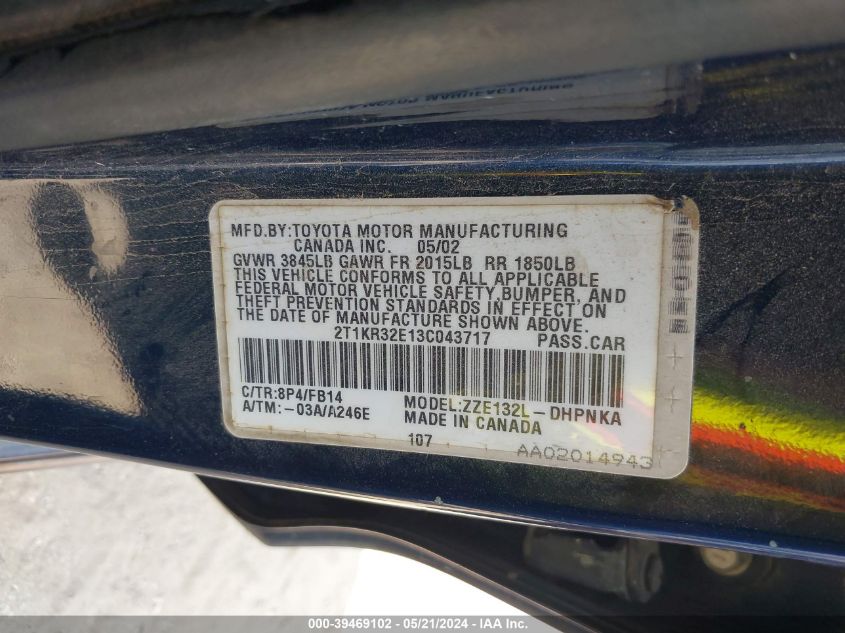 2003 Toyota Matrix Xr VIN: 2T1KR32E13C043717 Lot: 39469102