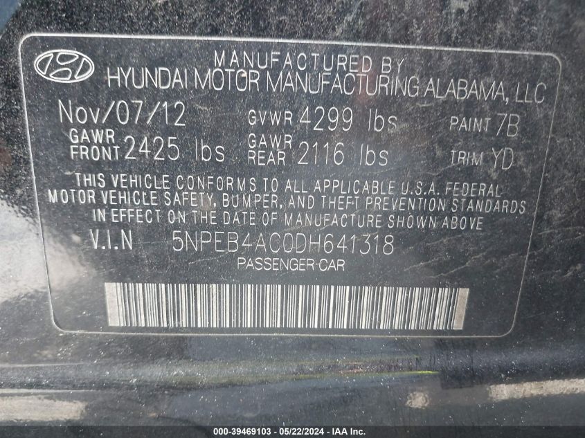 2013 Hyundai Sonata Gls VIN: 5NPEB4AC0DH641318 Lot: 39469103