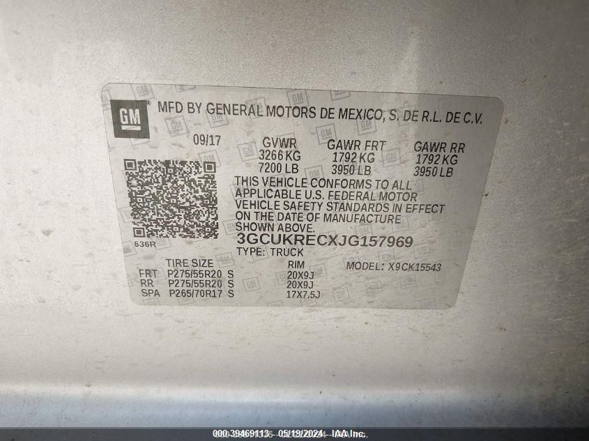 2018 Chevrolet Silverado 1500 2Lt VIN: 3GCUKRECXJG157969 Lot: 39469113