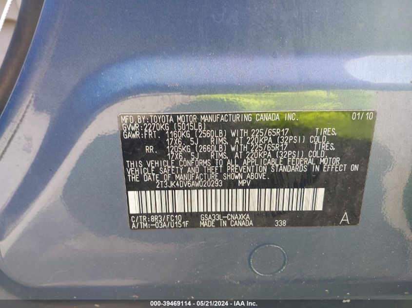 2010 Toyota Rav4 Base V6 VIN: 2T3JK4DV6AW020293 Lot: 39469114