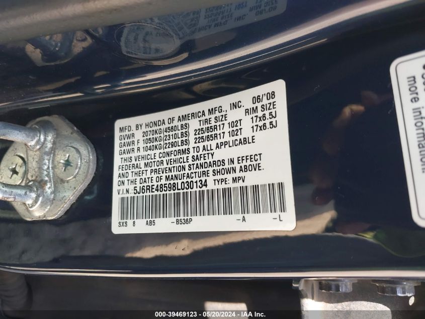 2008 Honda Cr-V Ex VIN: 5J6RE48598L030134 Lot: 39469123