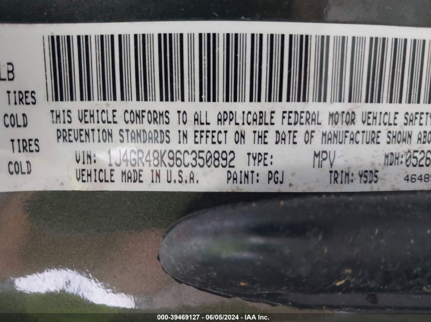 2006 Jeep Grand Cherokee Laredo VIN: 1J4GR48K96C350892 Lot: 39469127