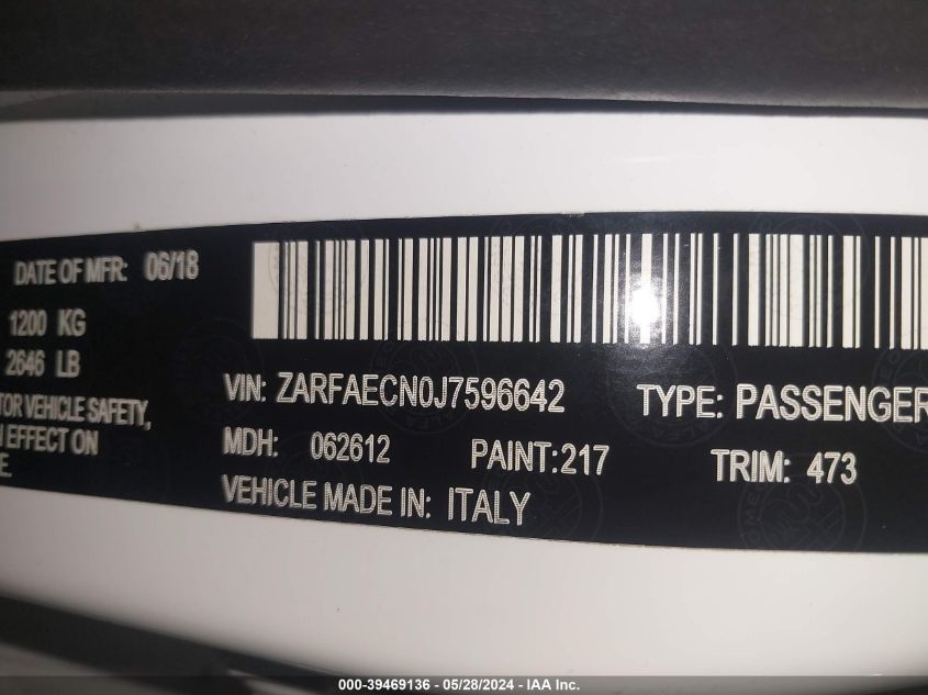 2018 Alfa Romeo Giulia Ti Sport Rwd VIN: ZARFAECN0J7596642 Lot: 39469136