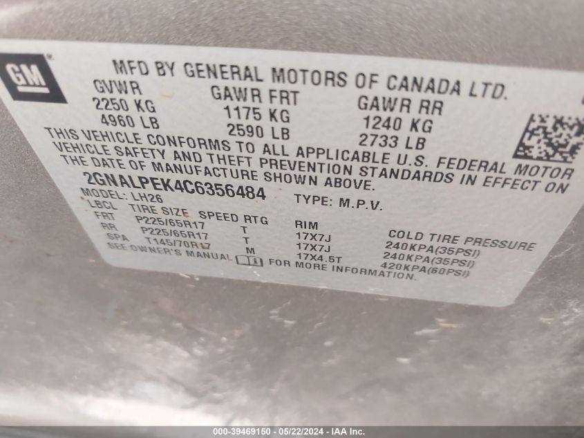 2012 Chevrolet Equinox 2Lt VIN: 2GNALPEK4C6356484 Lot: 39469150