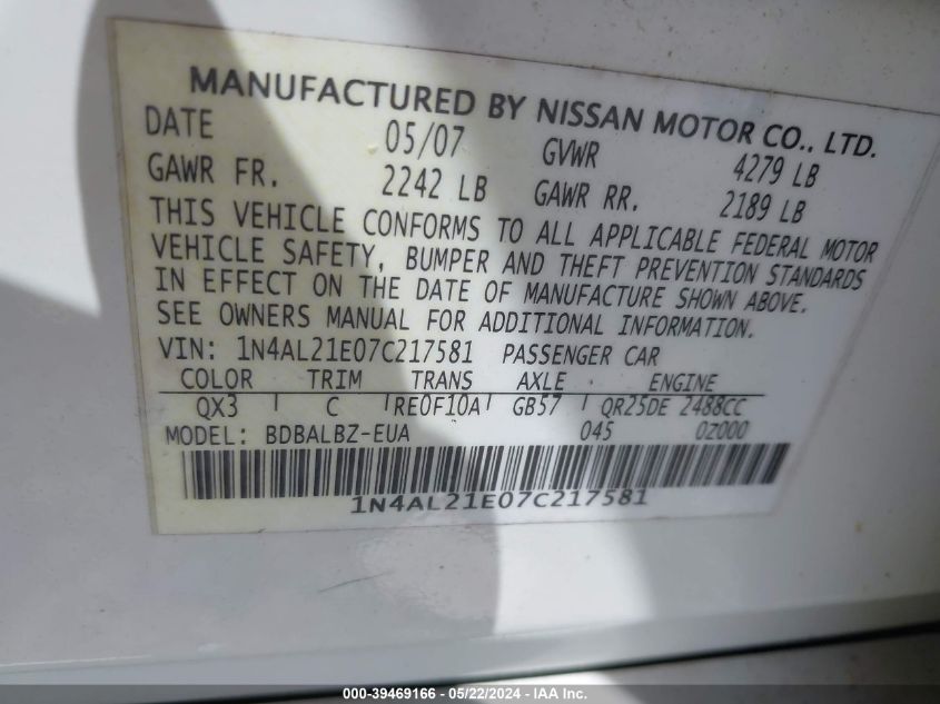 2007 Nissan Altima 2.5 S VIN: 1N4AL21E07C217581 Lot: 39469166