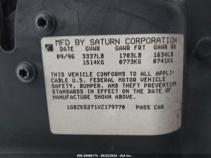 1997 Saturn Sl Sl2 VIN: 1G8ZK5271VZ179770 Lot: 39469174