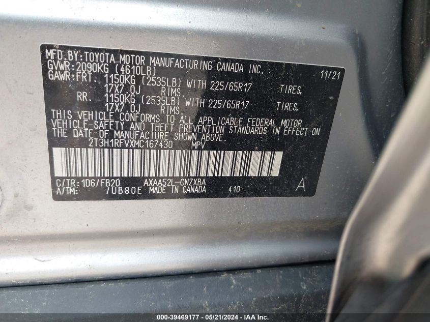 2021 Toyota Rav4 Le VIN: 2T3H1RFVXMC167430 Lot: 39469177